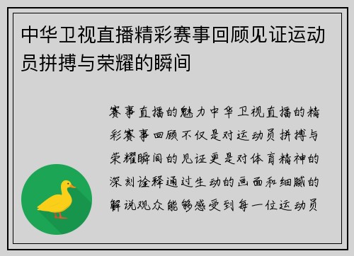 中华卫视直播精彩赛事回顾见证运动员拼搏与荣耀的瞬间
