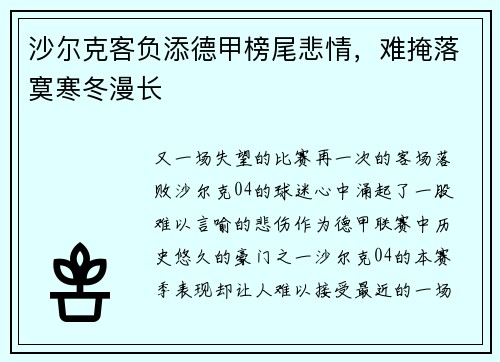 沙尔克客负添德甲榜尾悲情，难掩落寞寒冬漫长