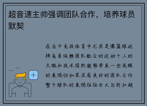 超音速主帅强调团队合作，培养球员默契